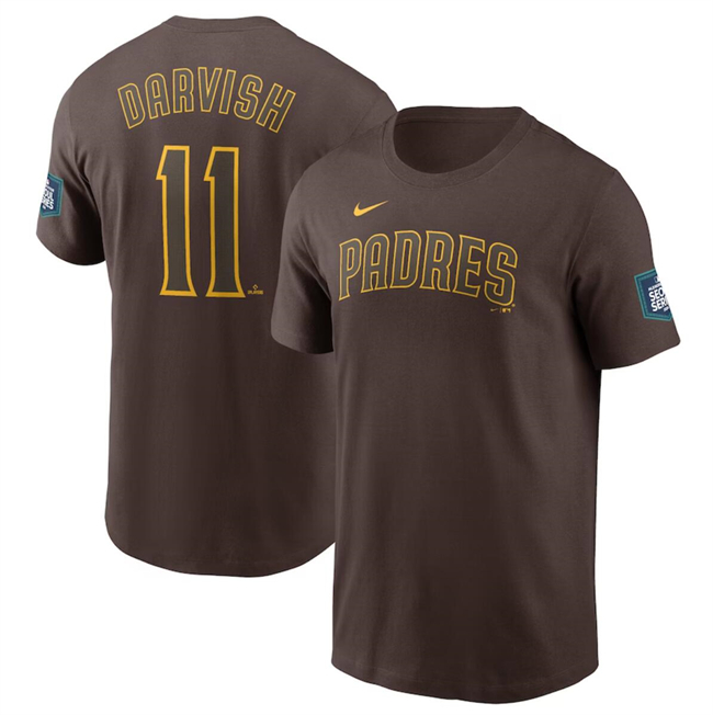 Men's San Diego Padres #11 Yu Darvish Brown 2024 World Tour Seoul Series Name & Number T-Shirt